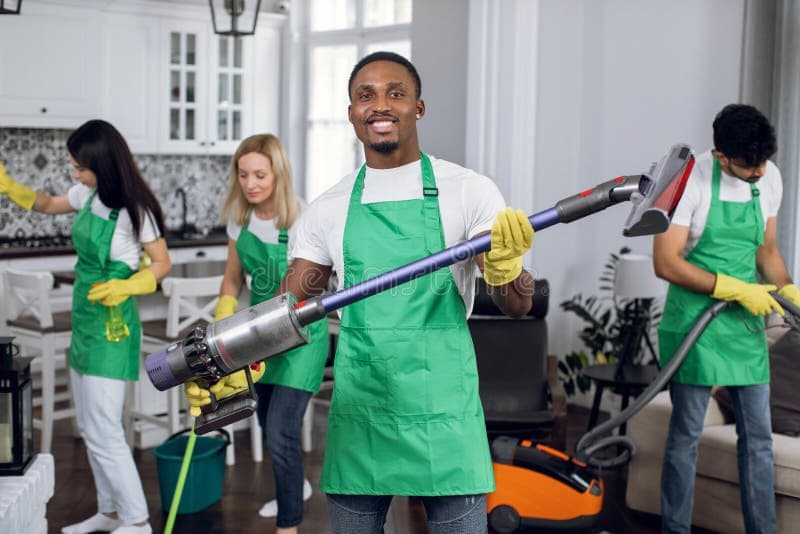 Smiling man in green apron holds a vacuum with his professional cleaning team behind him.
