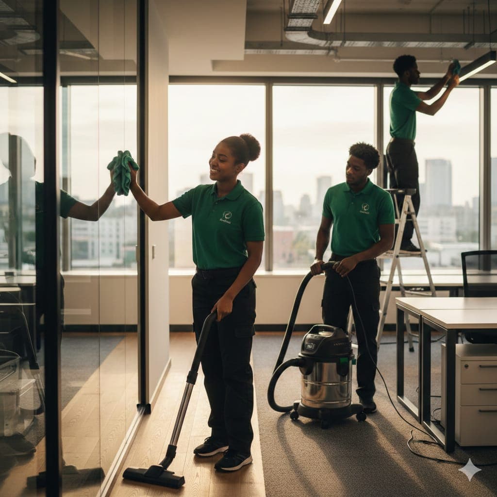 Professional cleaners in green uniforms vacuuming and wiping glass in a bright modern office.