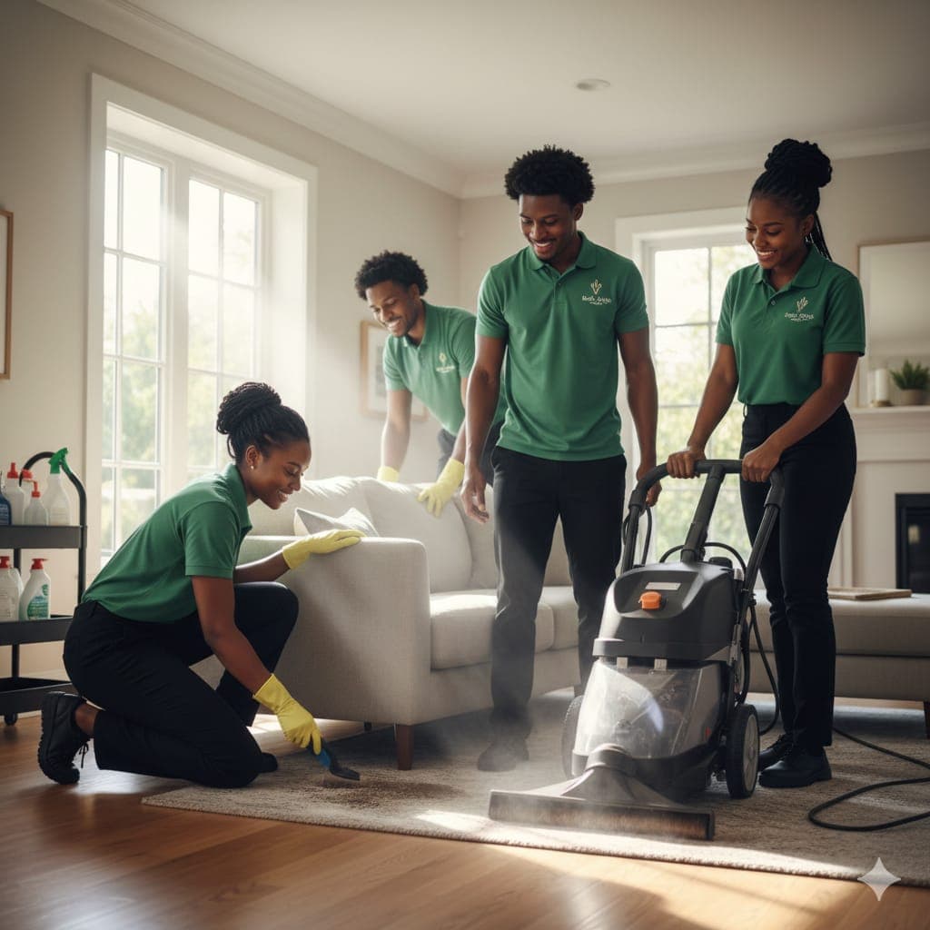 Professional cleaning team in green uniforms deep cleaning a living room rug and sofa.