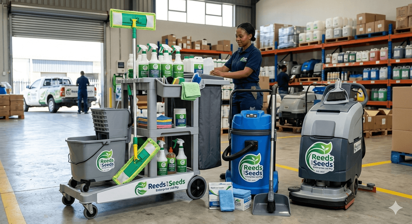 Uniformed woman standing with a cleaning cart and industrial floor equipment in a warehouse.