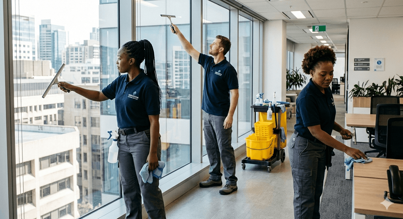 Three uniformed cleaners washing office windows and wiping desks in a high-rise building.