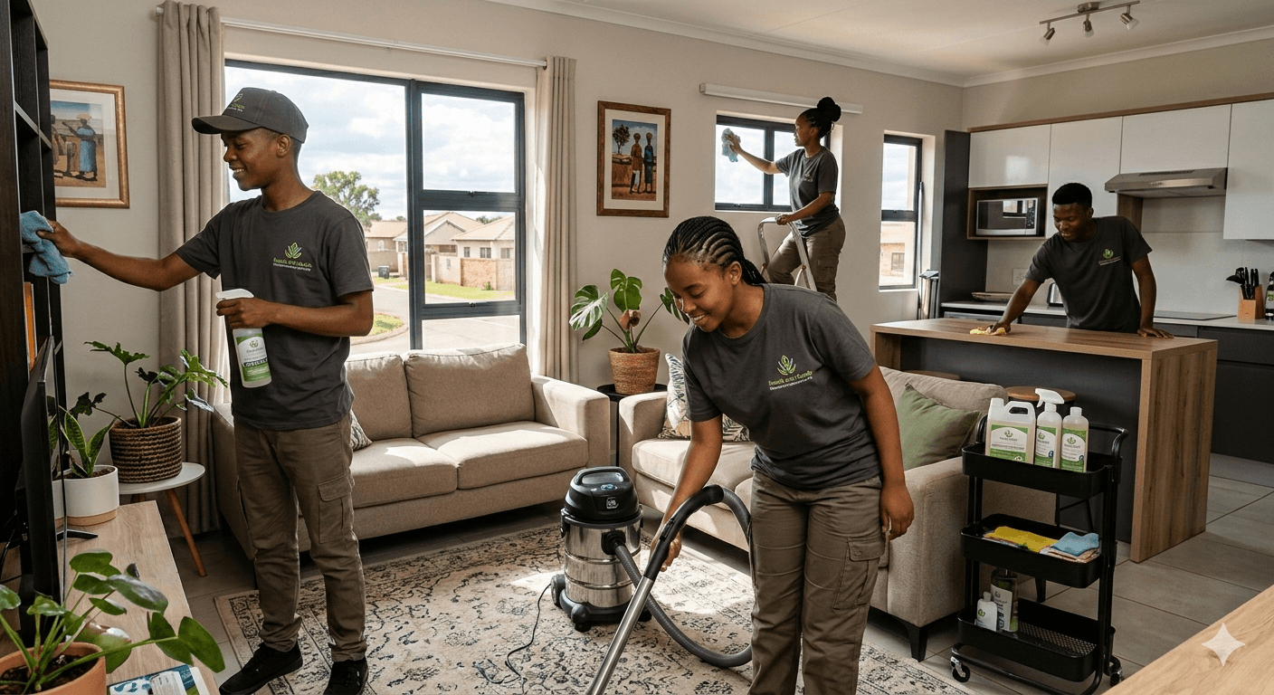 Four professional cleaners in grey uniforms cleaning various surfaces in a bright modern apartment.