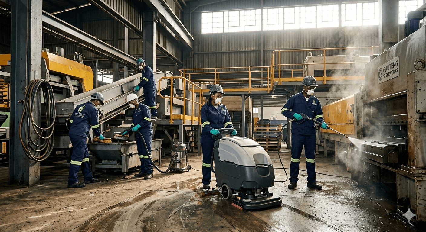 Industrial workers in safety gear use specialized machinery to clean a large steelworks factory floor.