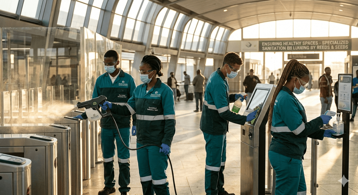 Sanitation workers in green uniforms disinfect turnstiles and kiosks in a bright, modern transit station.