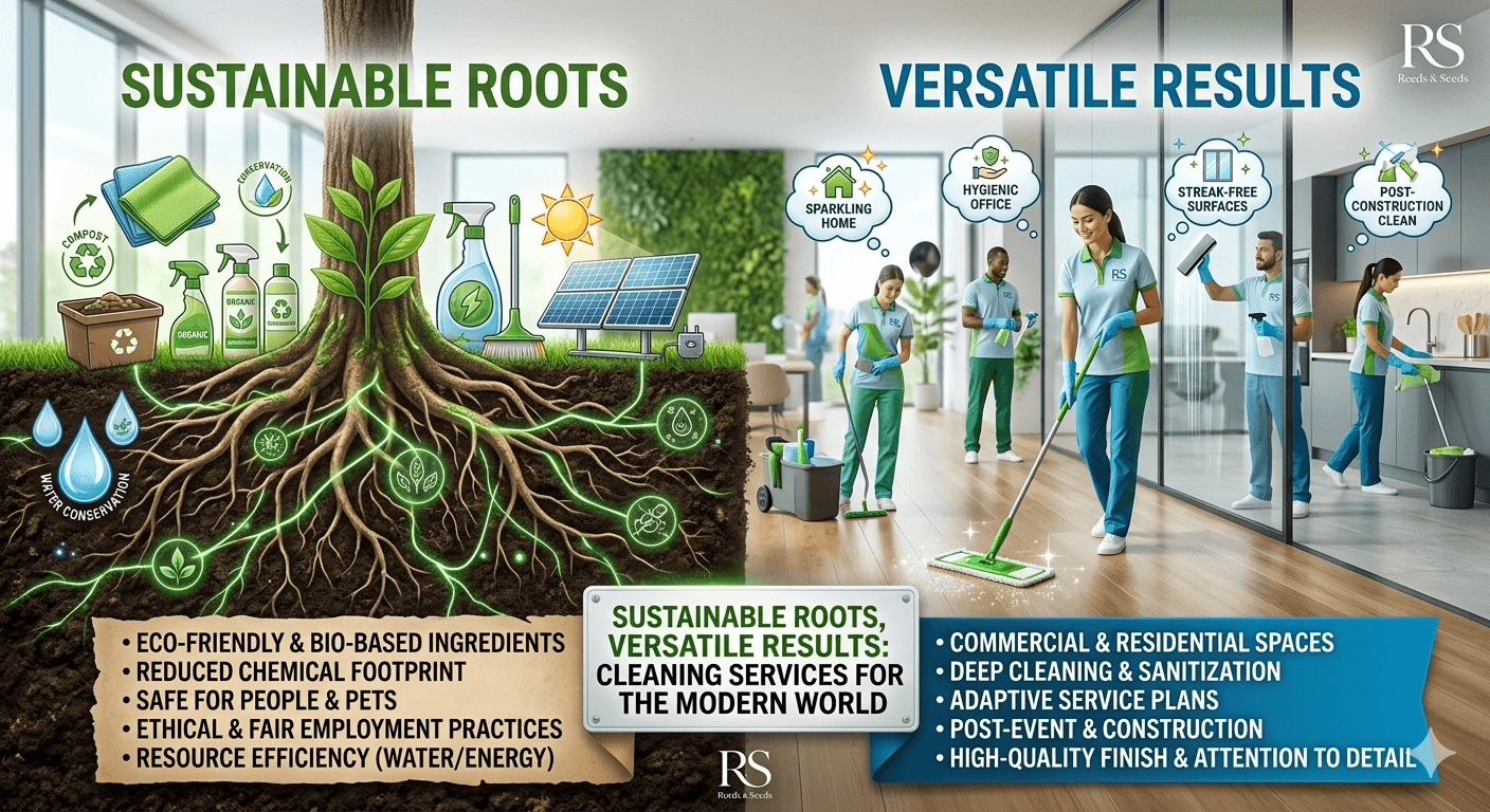 Split graphic showing a tree with glowing roots and professional cleaners in a modern office.