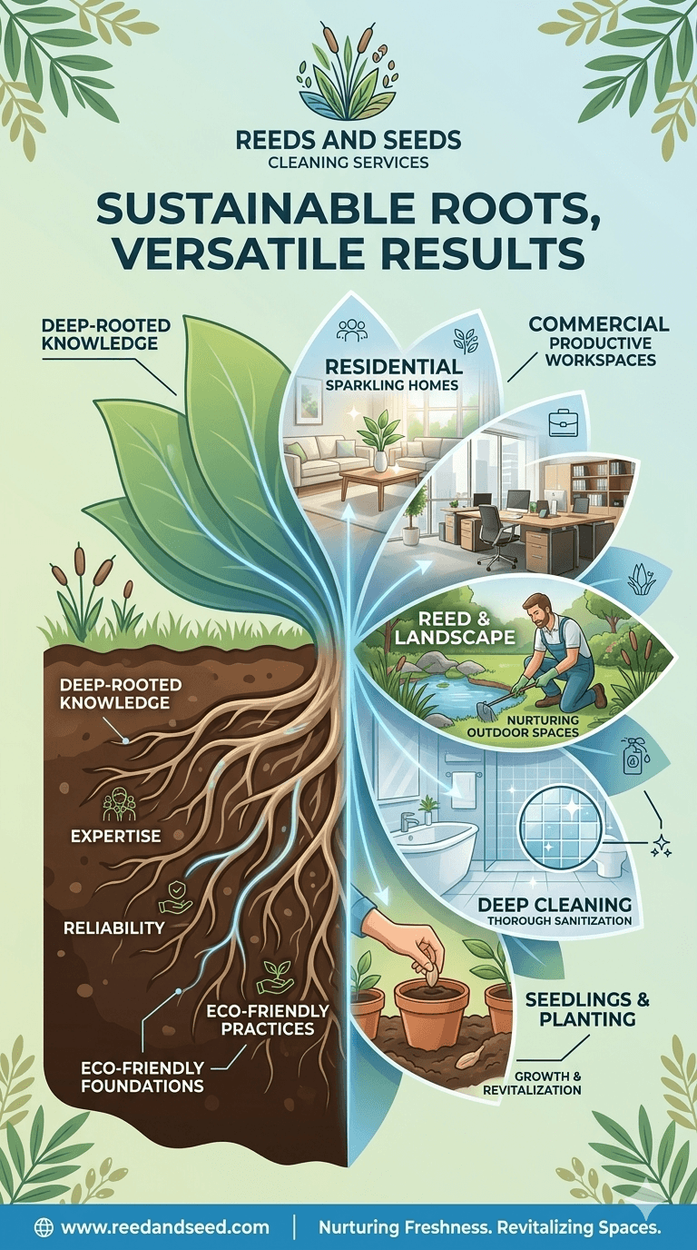 Reeds and Seeds Cleaning Services infographic illustrating deep roots of expertise and diverse services.
