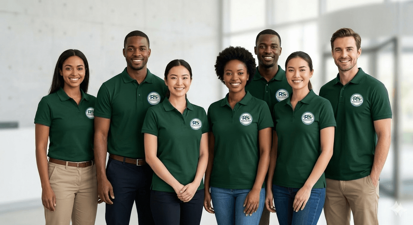 Six diverse professionals in matching green polo shirts smiling together in a bright office.