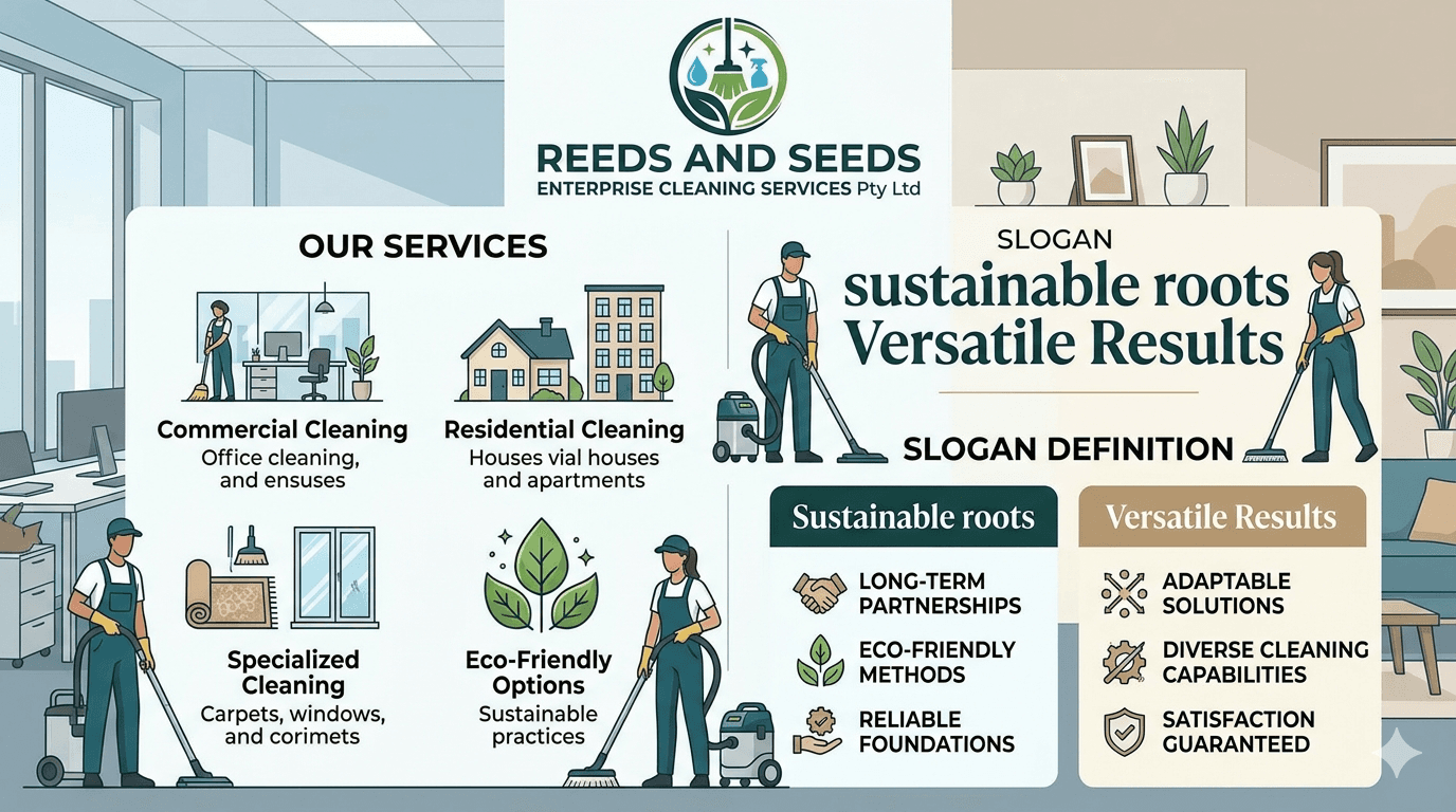 Reeds and Seeds Enterprise Cleaning Services infographic highlighting commercial, residential, specialized, and eco-friendly services.