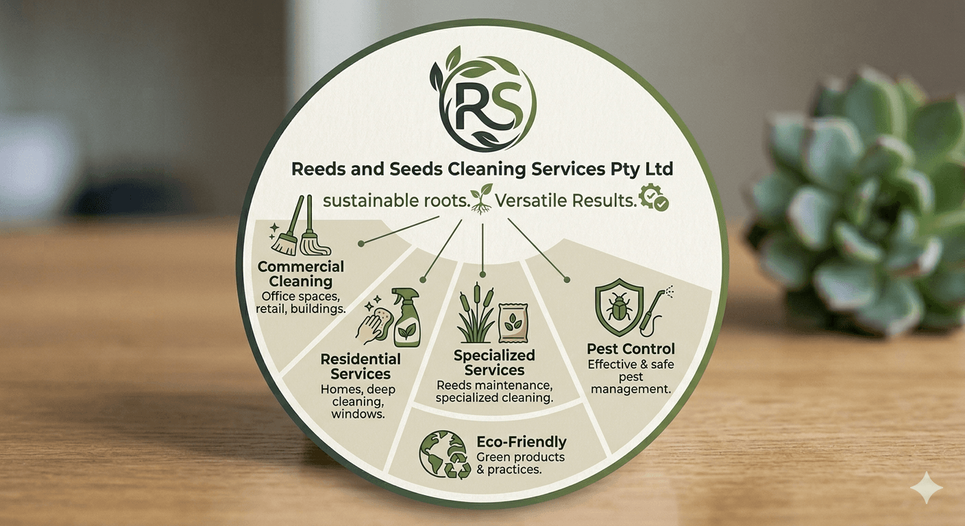 Reeds and Seeds Cleaning Services infographic showing commercial, residential, specialized, pest control, and eco-friendly options.