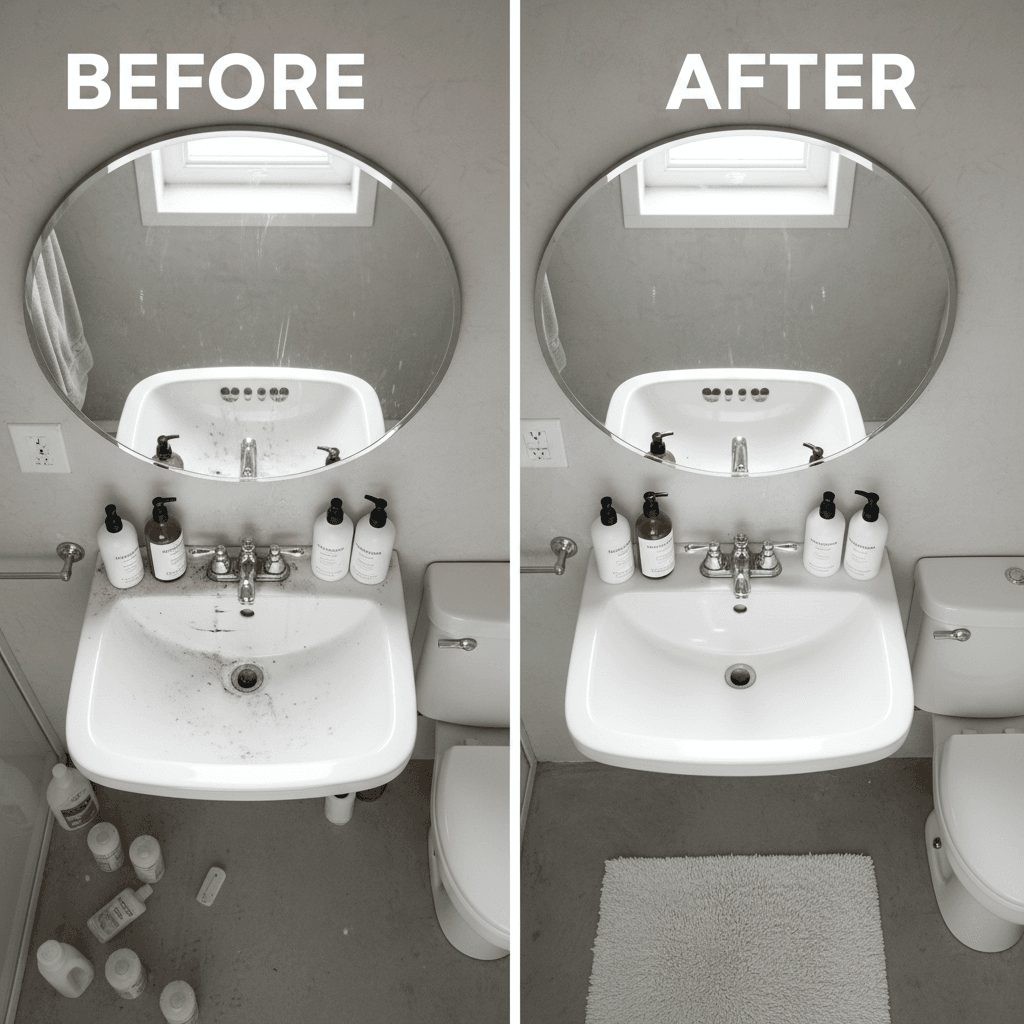 Before and after comparison of a dirty bathroom sink transformed into a spotless, organized area.